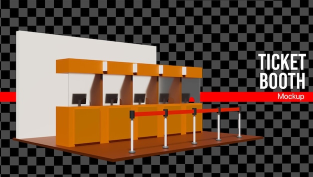 PSD a 3d ticket booth with computer on the desk and waiting line