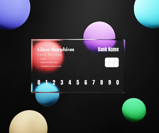 PSD 3d transparent credit card mockup with glass morphism effect or bank card mockup with glass effect