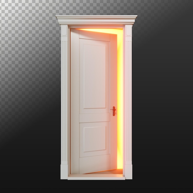 3d transparent opening white door with a bright orange light inside