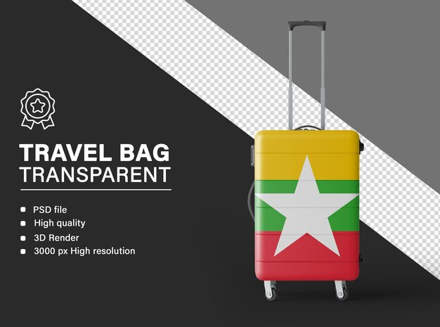 PSD 3d travel bag with myanmar flag isolated on transparent background