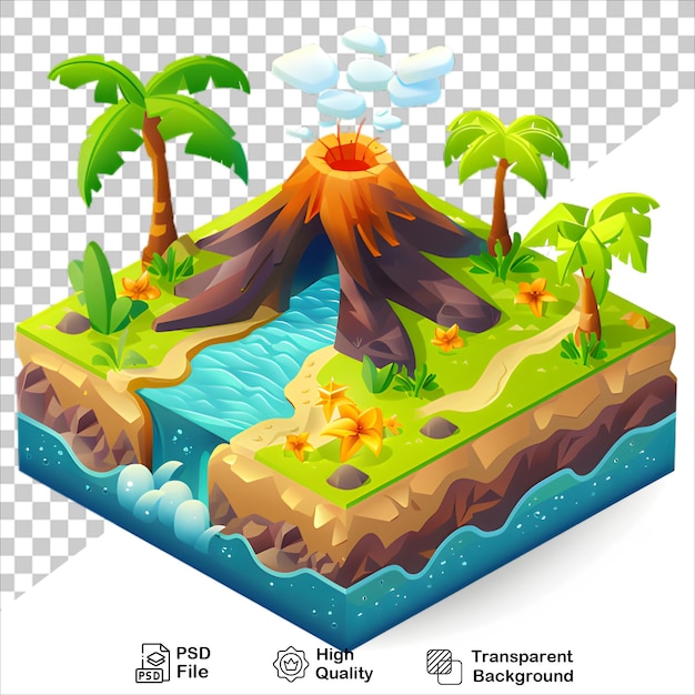 3D Tropical Island with Waterfall Isolated on Transparent Background