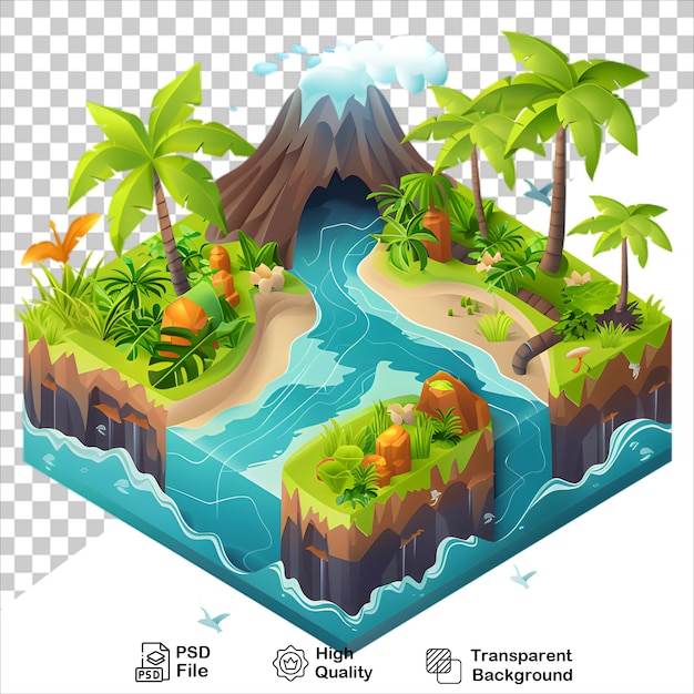 3D Tropical Island with Waterfall Isolated on Transparent Background