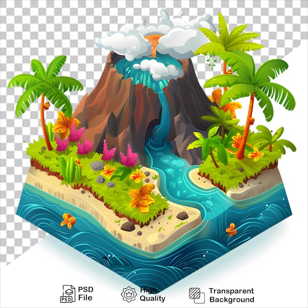 PSD 3d tropical island with waterfall isolated on transparent background