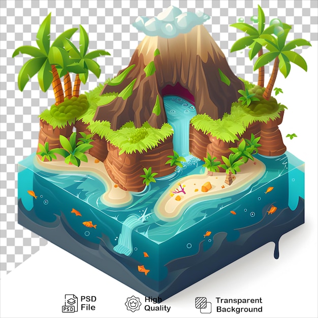 3D Tropical Island with Waterfall Isolated on Transparent Background