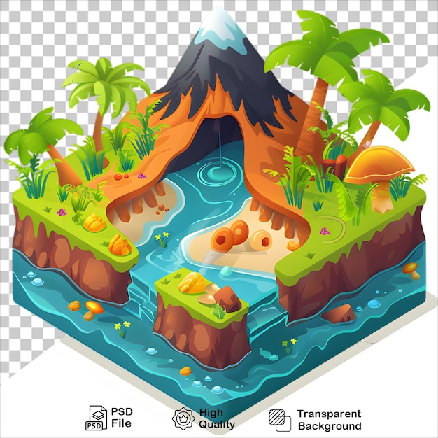 3D Tropical Island with Waterfall Isolated on Transparent Background