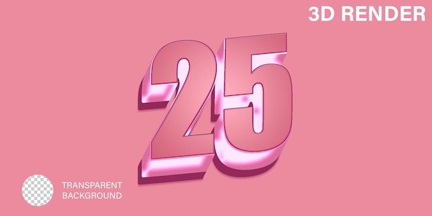 PSD 3d twenty five number 25 pink color isolated on transparent background