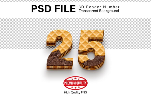 PSD 3d twenty five number 25 wafer biscuit rendering isolated on transparent background