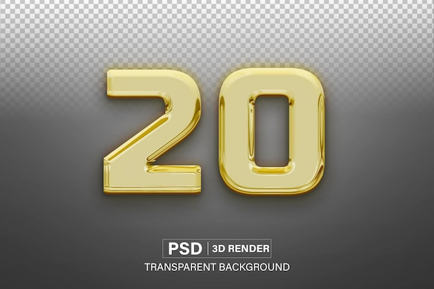 3d Twenty Number 20 Golden metallic effect isolated on transparent background