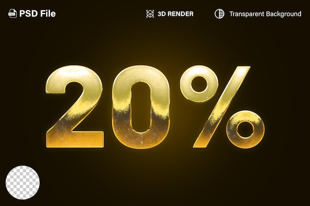 3d Twenty precent discount 20 golden effect isolated on transparent background