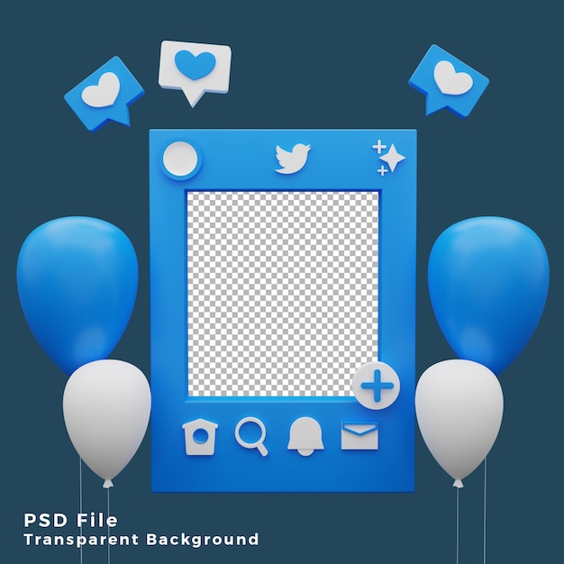 3d twitter mockup template asset with balloons icon illustration high quality