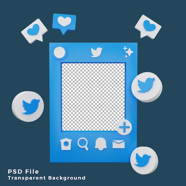 3d twitter mockup template asset with logo icon illustration high quality