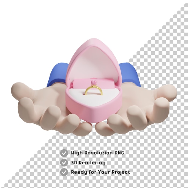 3D two hands holding love box ring transparent background