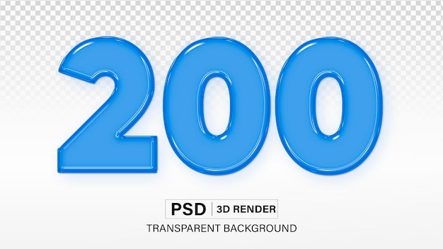 PSD 3d two hundred number 200 blue glass effect isolated on transparent background