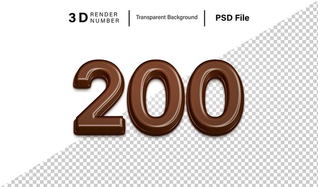 3d Two hundred Number 200 dark chocolate color isolated on transparent background