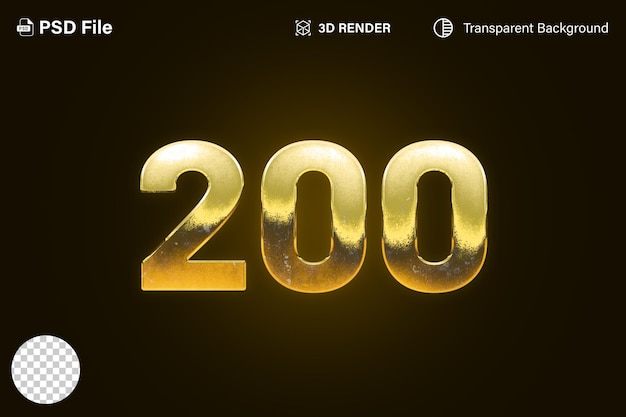 3d Two hundred Number 200 golden effect isolated on transparent background