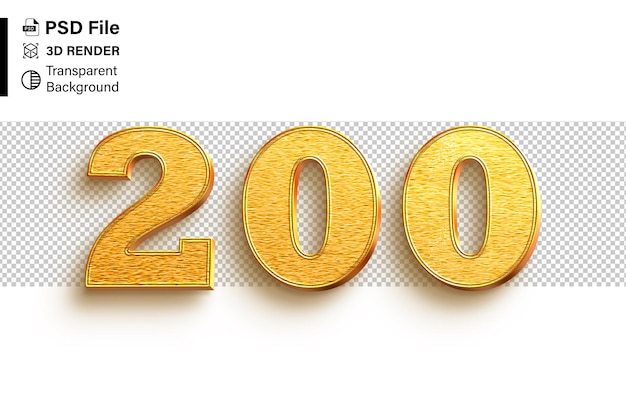 3d Two hundred Number 200 Golden glitter isolated on transparent background