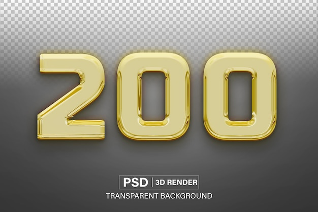 PSD 3d two hundred number 200 golden metallic effect isolated on transparent background