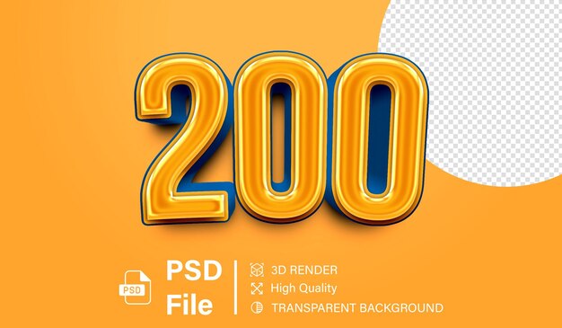 3d Two hundred Number 200 Orange and blue gradient isolated on transparent background