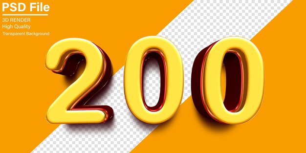 PSD 3d two hundred number 200 yellow and red metalic isolated on transparent background