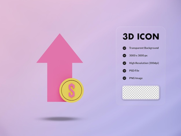 3D up arow and dollar coin icon 3d render illustration