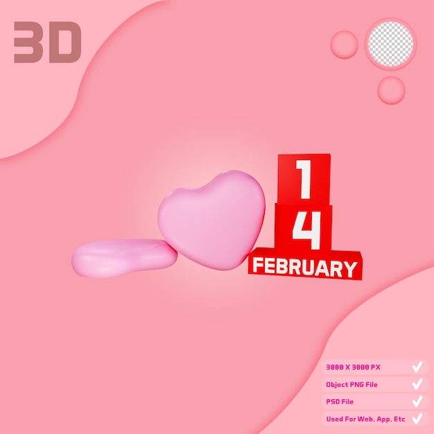 3D Valentines Day Calendar Object With Transparent Background