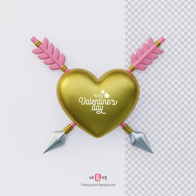 3D Valentines Day gold Heart with arrow illustration isolated