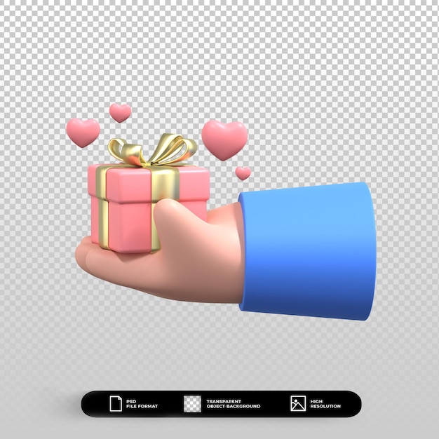 3D valentines day hand with gift box and hearts icon illustration isolated