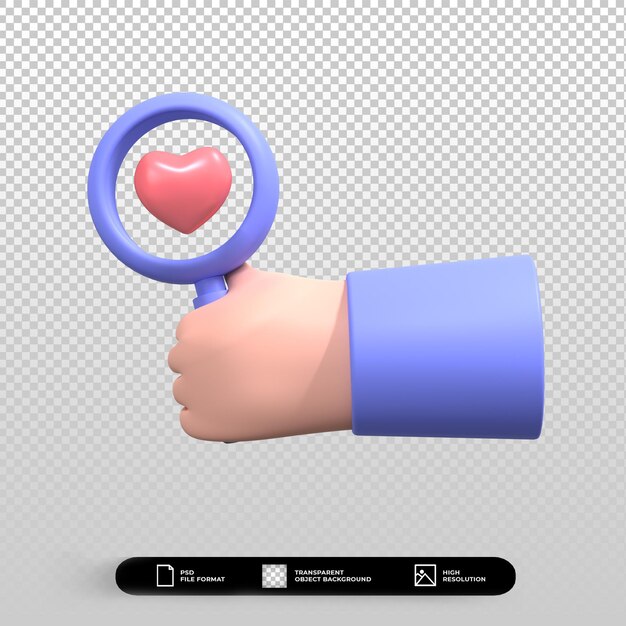 3D valentines day with hand love search icon illustration isolated