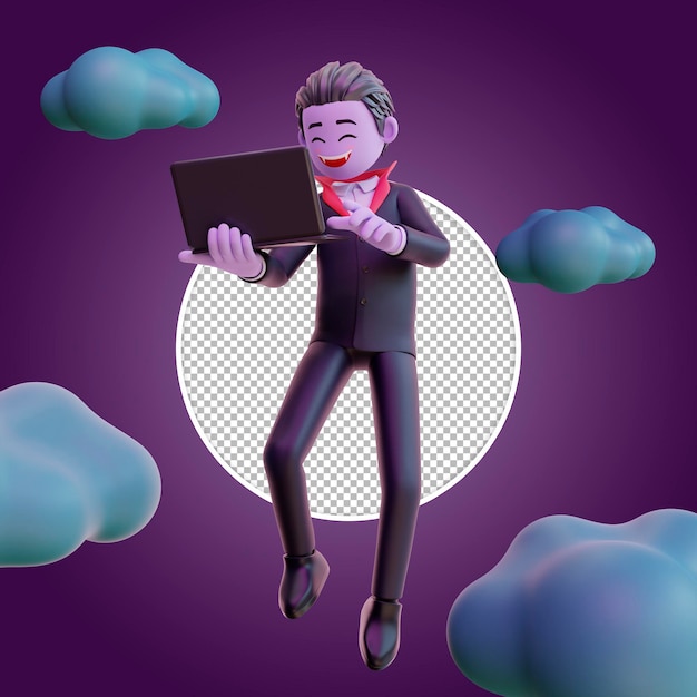 3d vampire character holding laptop, Happy halloween.