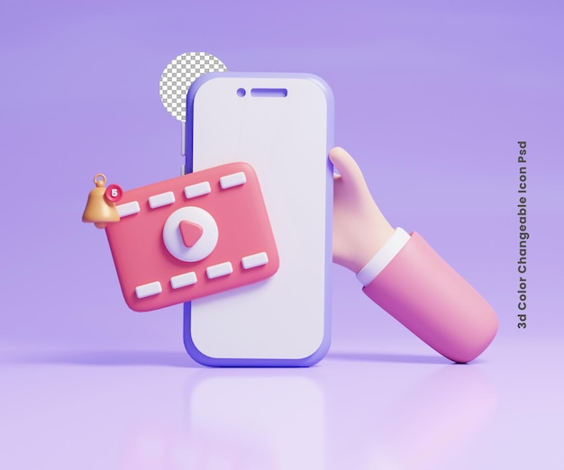 3d video push icon illustration or 3d video push notification icon illustration