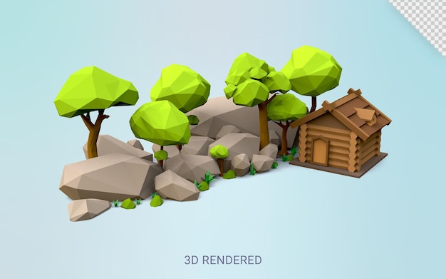 3d village illustration nature earth low poly style