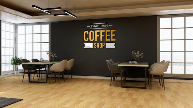 3d wall logo mockup in the cafe or restaurant with table and chair