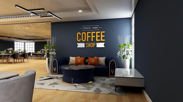 3d wall logo mockup in the coffee shop with sofa