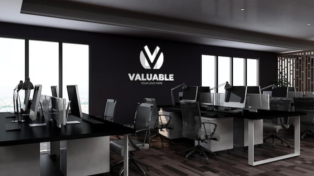 3d wall logo mockup in office workspace or workplace