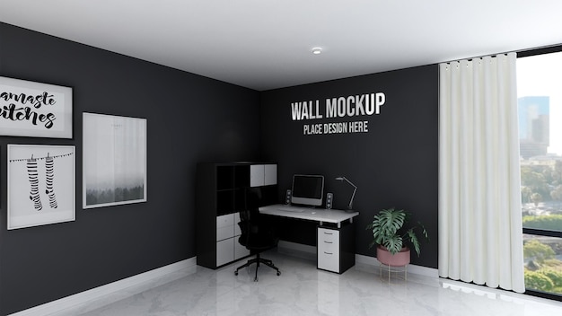 3d wall mockup interior design of minimalist workplace - corner view