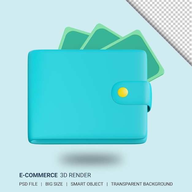 3d wallet and money with transparent background