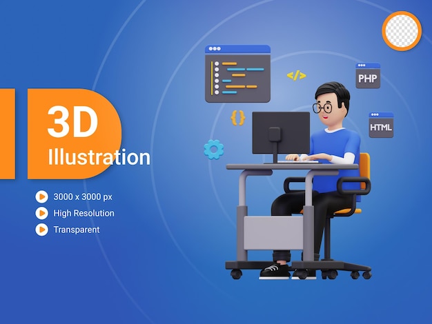 3d Web developer working on project illustration