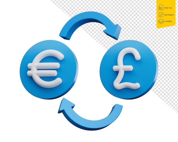 3d White Euro And Pound Symbol On Rounded Blue Icons With Money Exchange Arrows 3d illustration