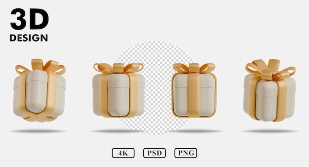 3D White Gift Box with Golden Ribbon Transparent Background