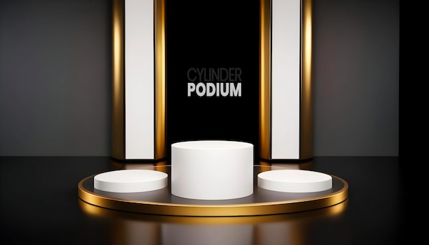 PSD 3d white podium display background 3d render golden 3 steps cylinder oval pedestal stage