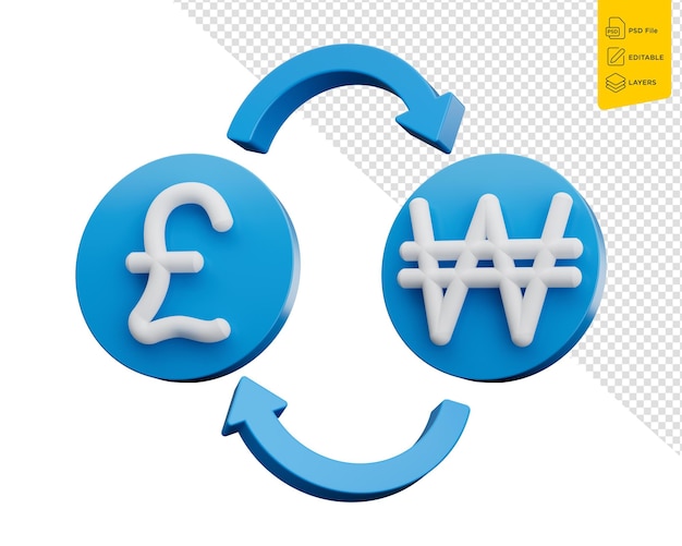 3d White Pound And Won Symbol On Rounded Blue Icons With Money Exchange Arrows 3d illustration