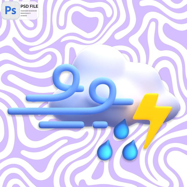 3D Windy Drizzle With Thunder Render Icon Isolated PNG Illustration PSD Template