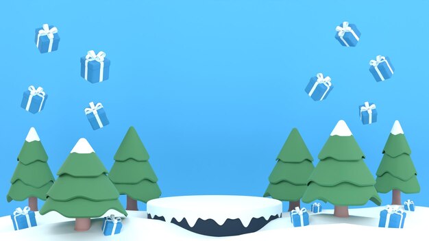 3D Winter sale product banner podium platform with geometric shapes gift boxes and pine tree