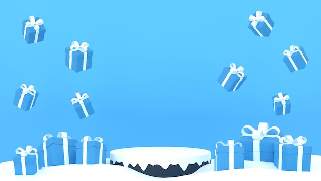 3D Winter sale product banner podium platform with geometric shapes and gift boxes