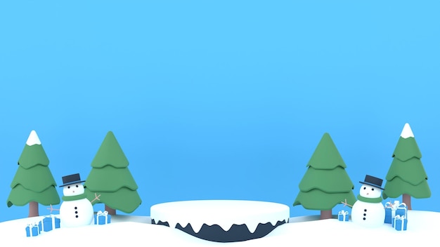 3D Winter sale product banner podium platform with geometric shapes pine tree and snowman