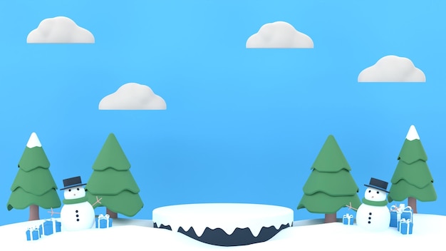 3D Winter sale product banner podium platform with geometric shapes pine tree and snowman