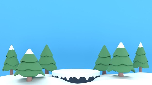 3D Winter sale product banner podium platform with geometric shapes and pine trees