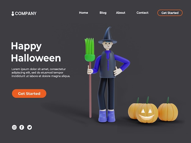 3d witch illustration with pumpkin for halloween event and landing page