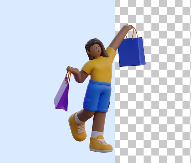 3D women is Happy and Jumps After Shopping