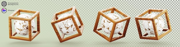 PSD 3d wooden cube block frame with marble ball inside render icon set abstract geometric wood square box wireframe with white stone sphere design element isolated on green background